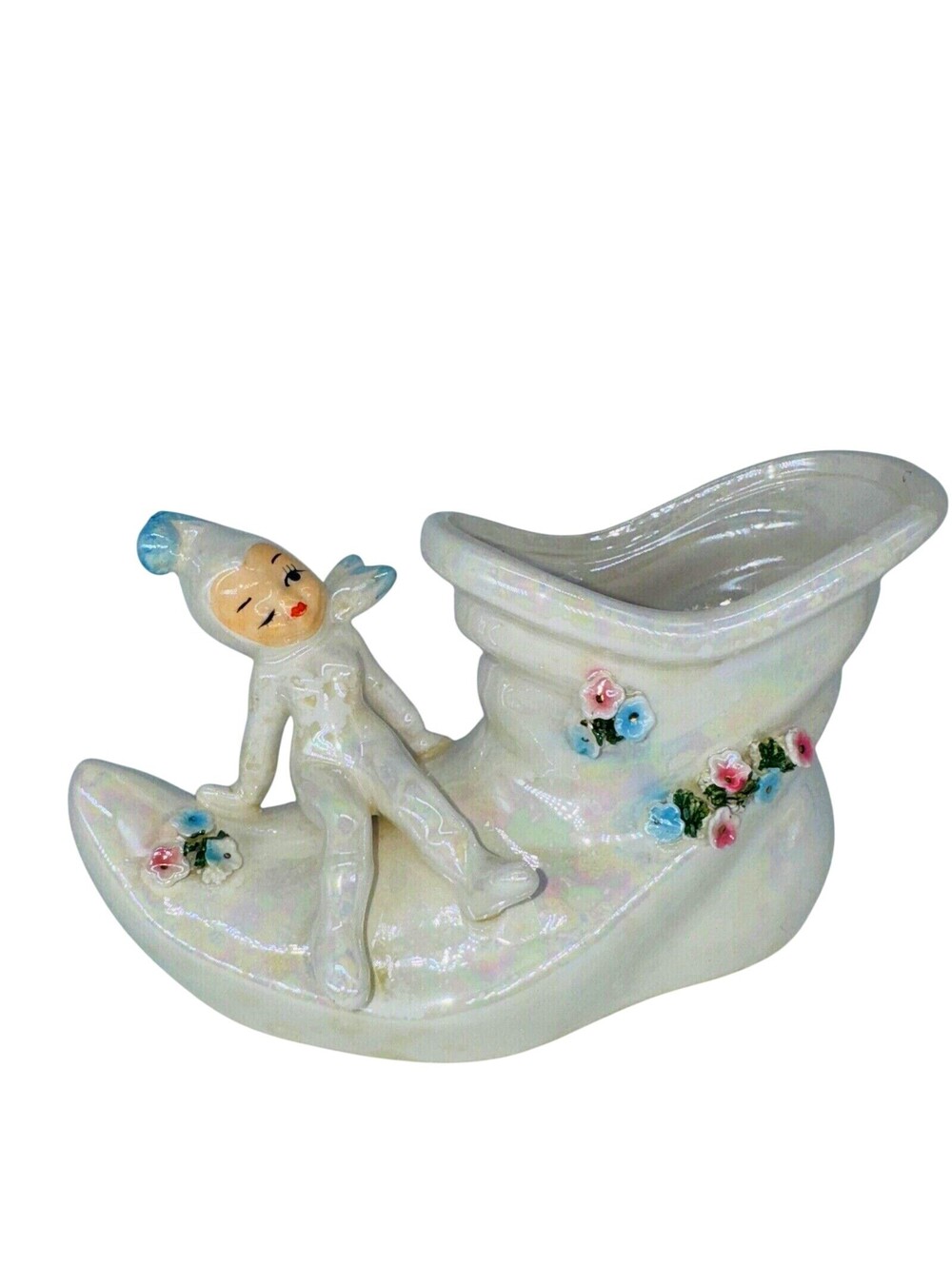 Vintage Lefton Pixie Elf On Boot Iridescent Planter Holiday Candy Dish 8" Japan